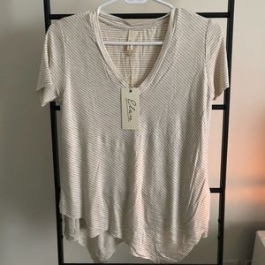 Short sleeve layered, sand, striped t-shirt